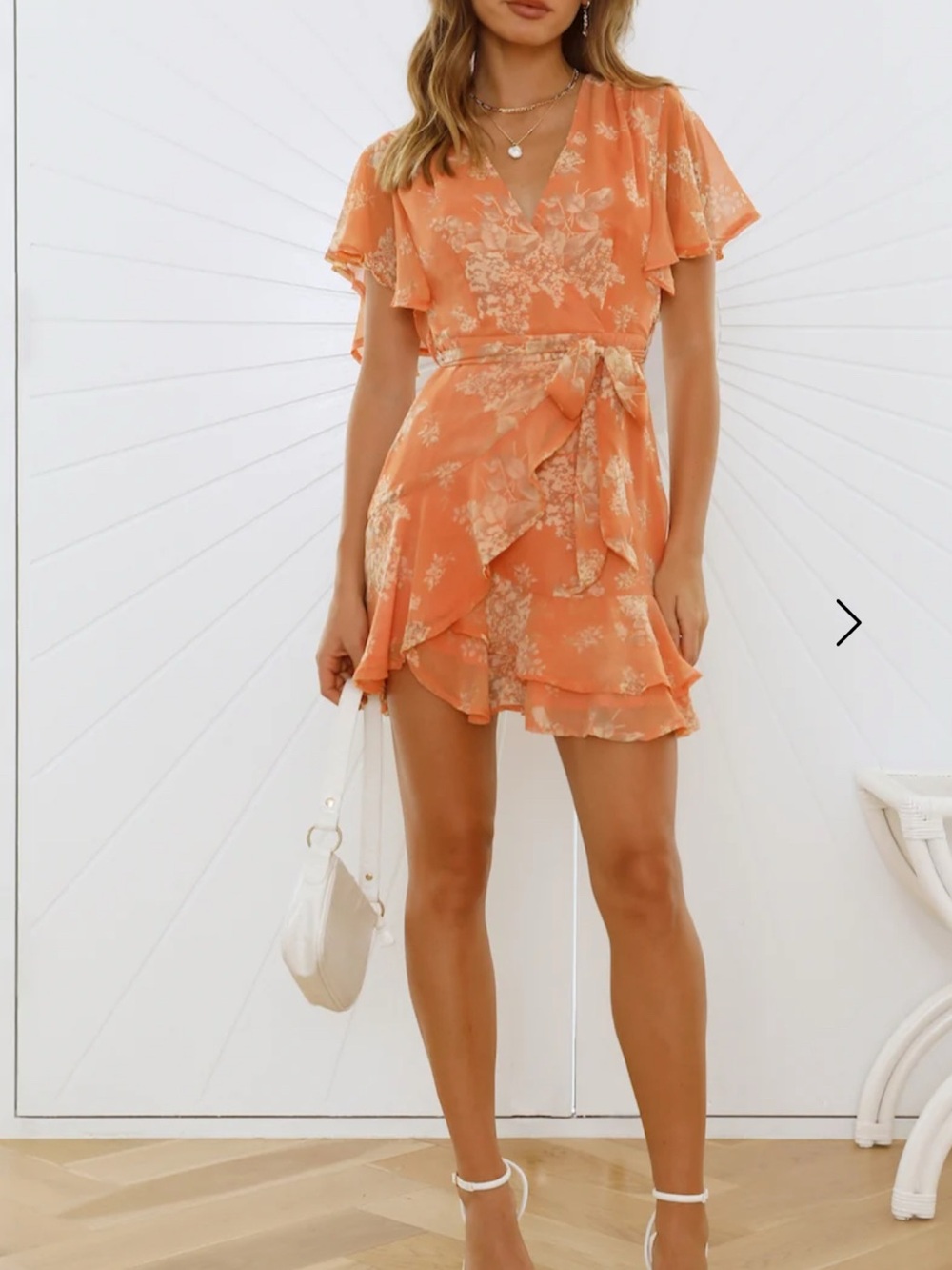 Hello Molly Small Floral Tie-Waist Ruffle Mini Dress - Coral